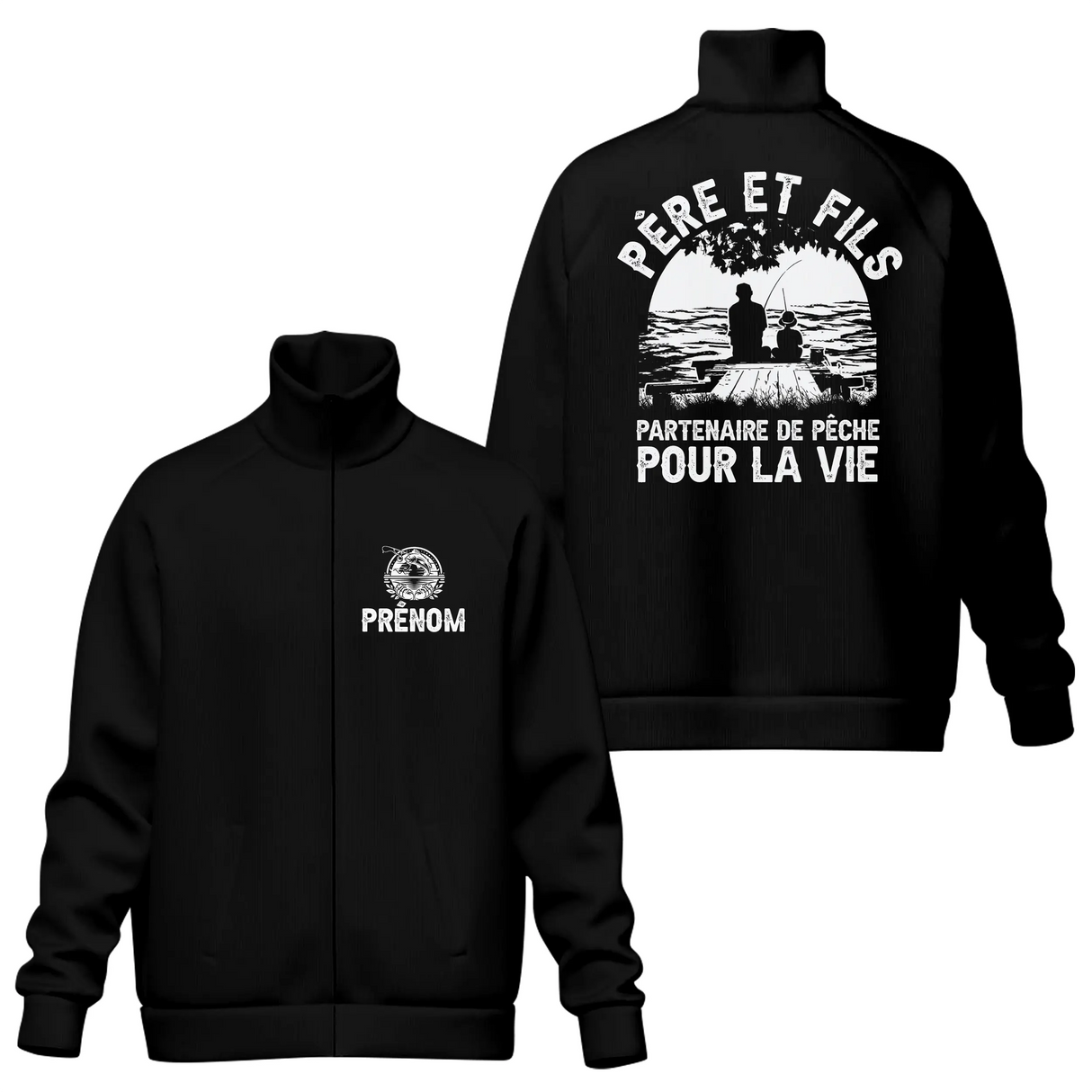 Veste col montant père et fils pêche noire avec slogan Partenaire de pêche pour la vie blanc
