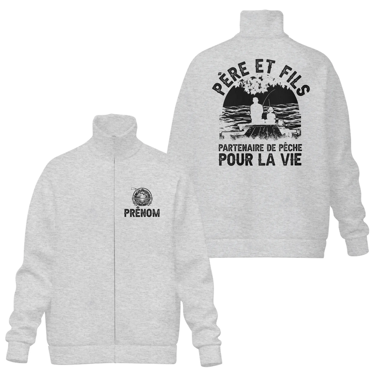 Veste col montant père et fils pêche grise avec slogan Partenaire de pêche silhouette père fils