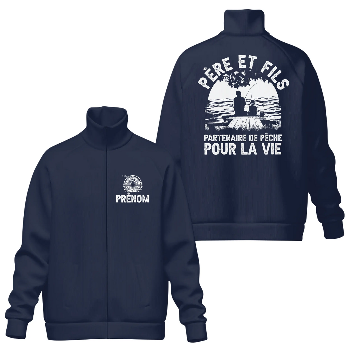 Veste col montant père et fils pêche bleu marine slogan Partenaire de pêche silhouette duo