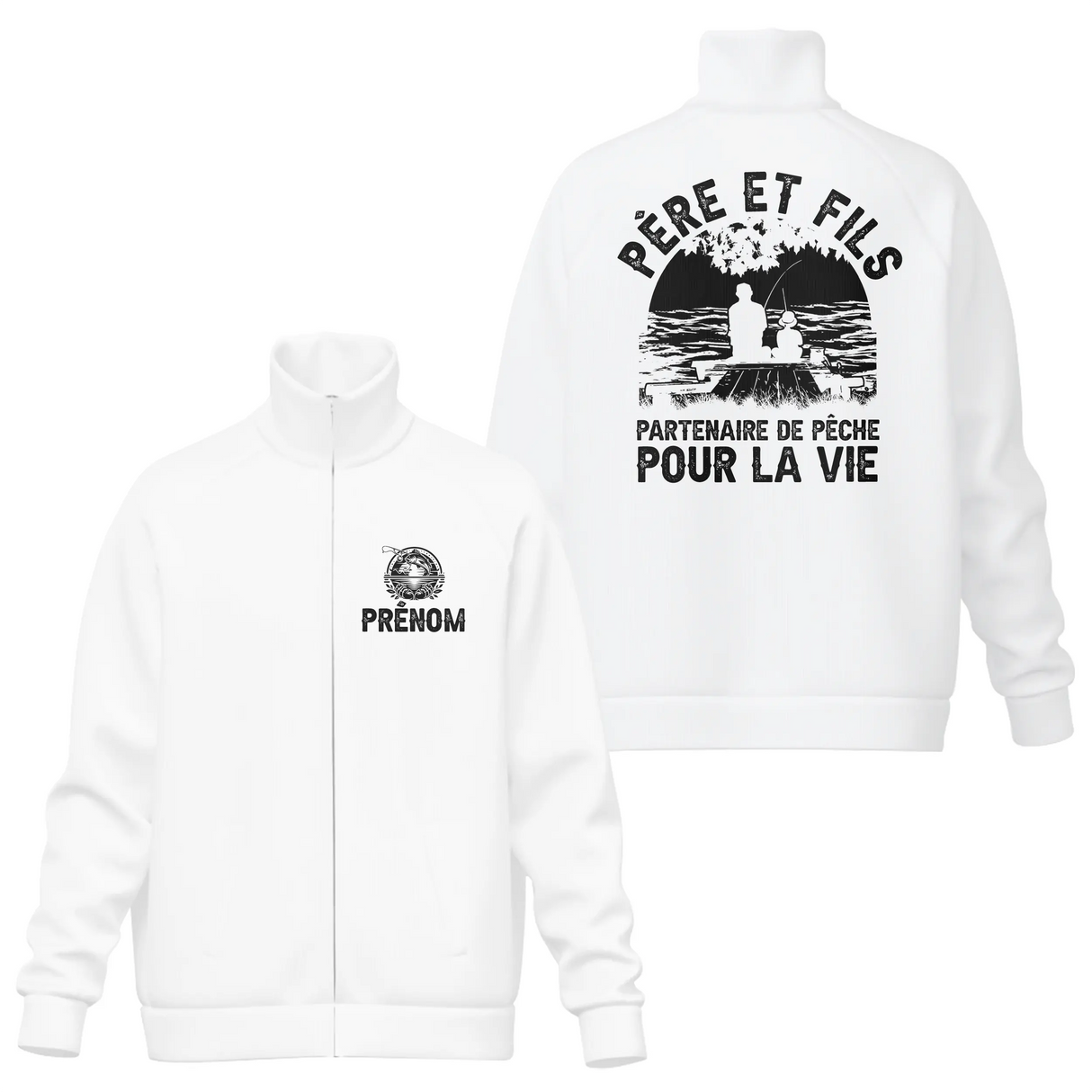 Veste col montant père et fils pêche blanche slogan Partenaire de pêche pour la vie