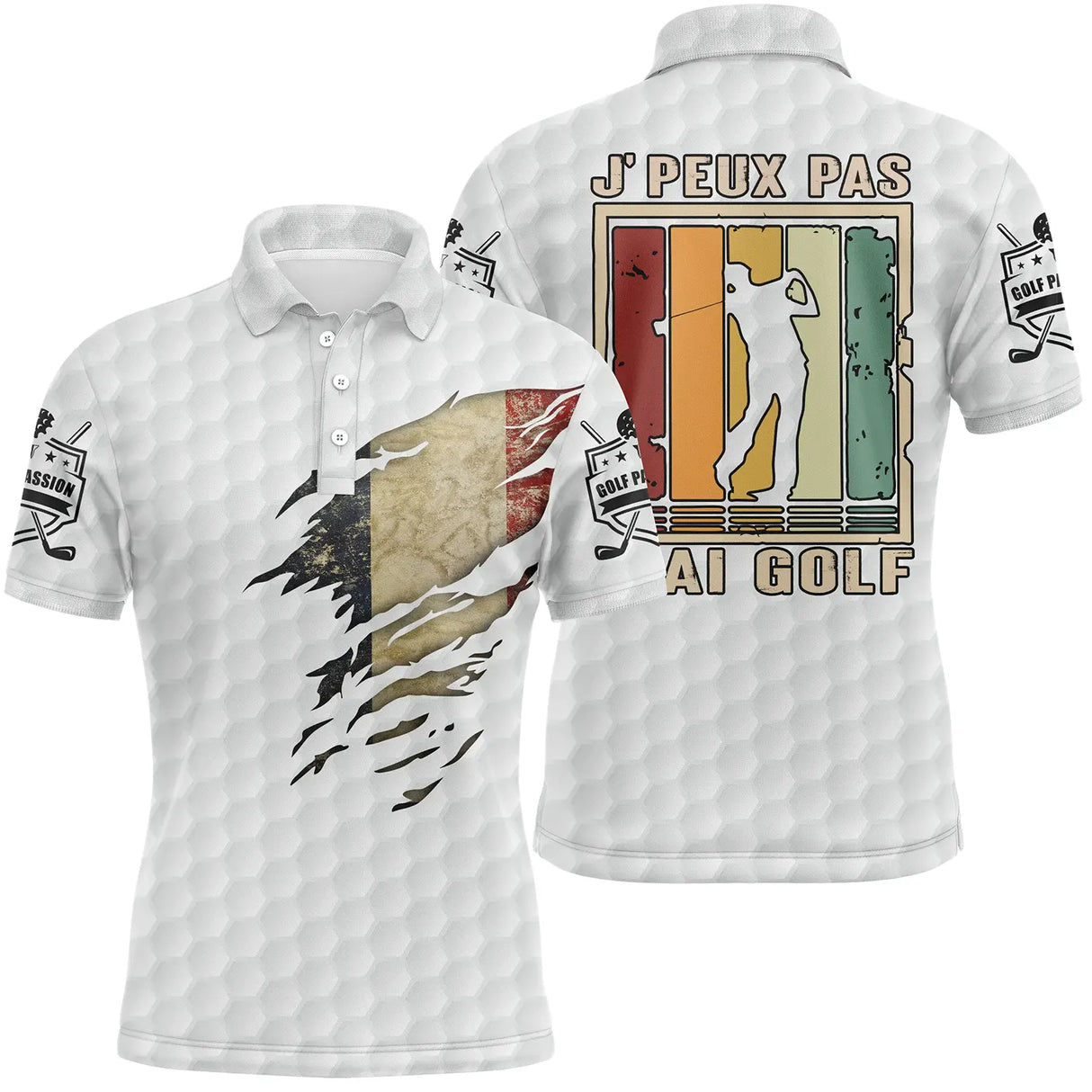Polo golf bleu marine vue alternative, design coucher de soleil et silhouette golfeur humoristique