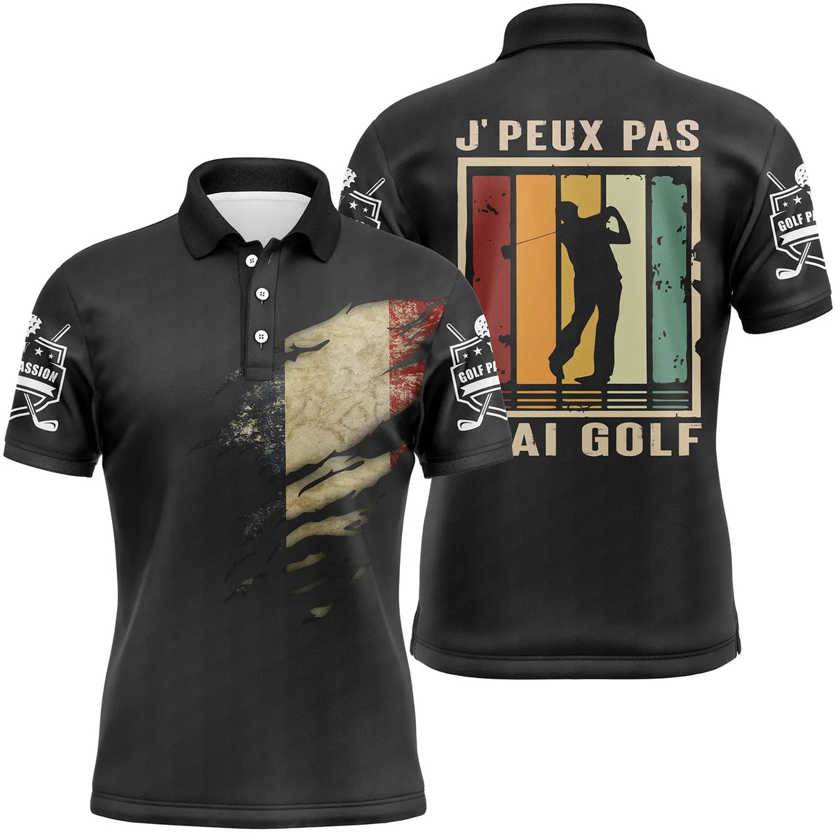 Polo golf manches longues bleu marine, slogan J'peux pas j'ai golf personnalisable