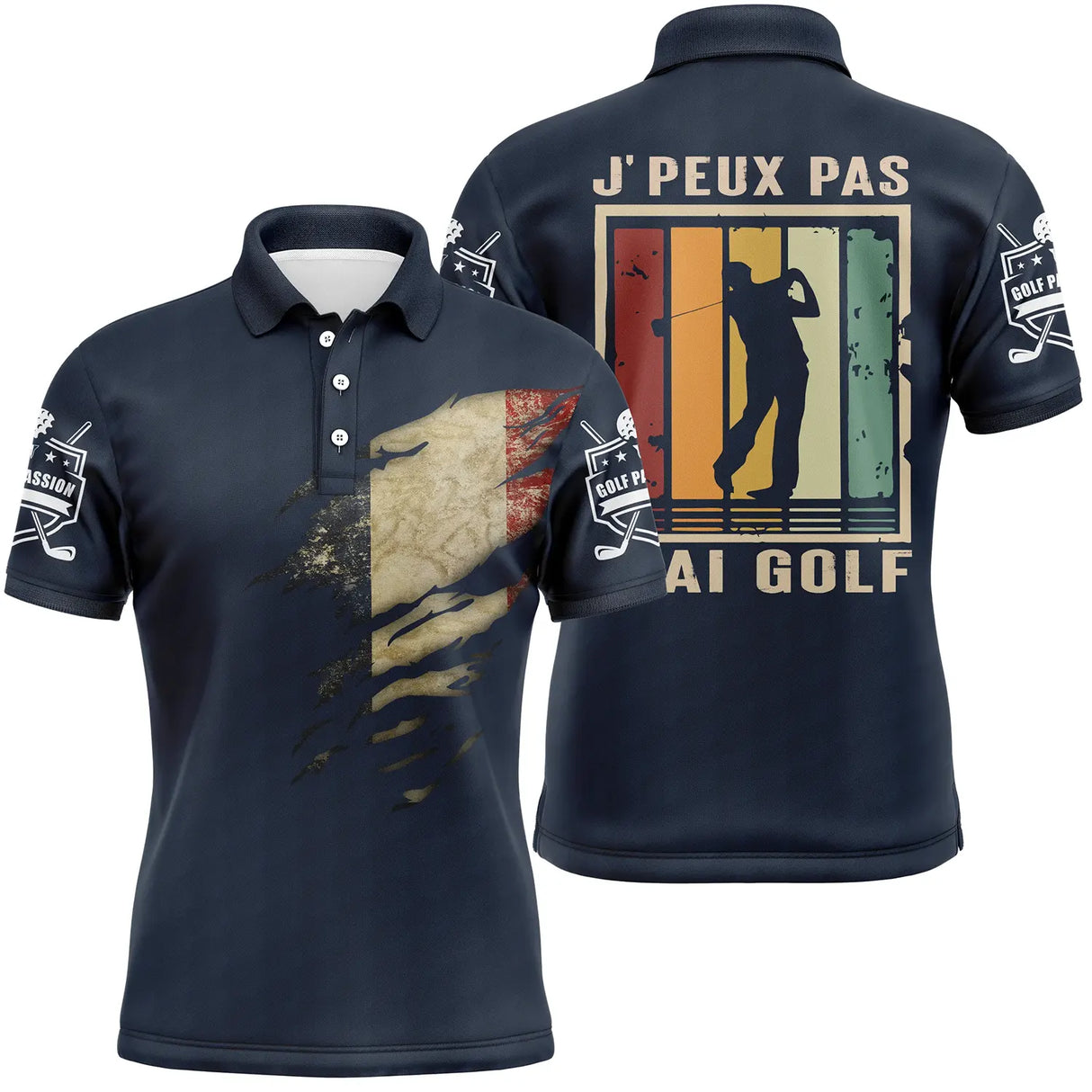 Polo golf bleu marine avec slogan J'peux pas j'ai golf et golfeur en plein swing au coucher de soleil