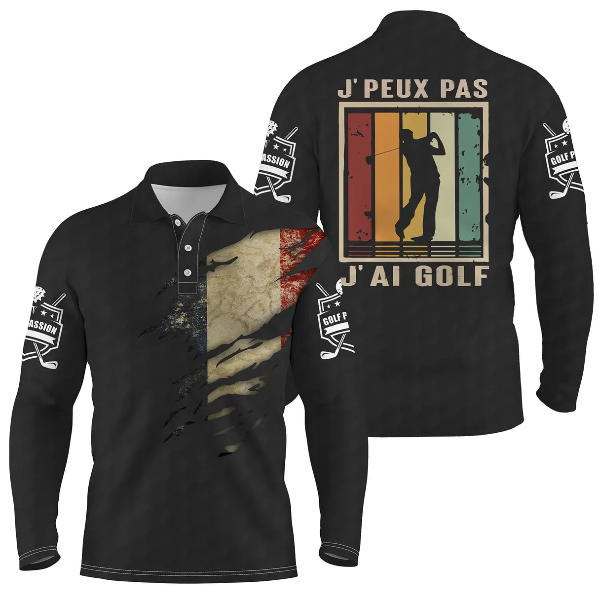 Polo golf variante coloris assorti, slogan humour golf design coucher de soleil