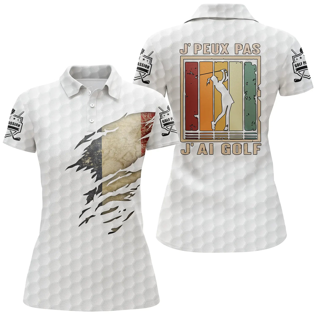 Polo golf variante grise, slogan humoristique golf et silhouette golfeur coucher de soleil