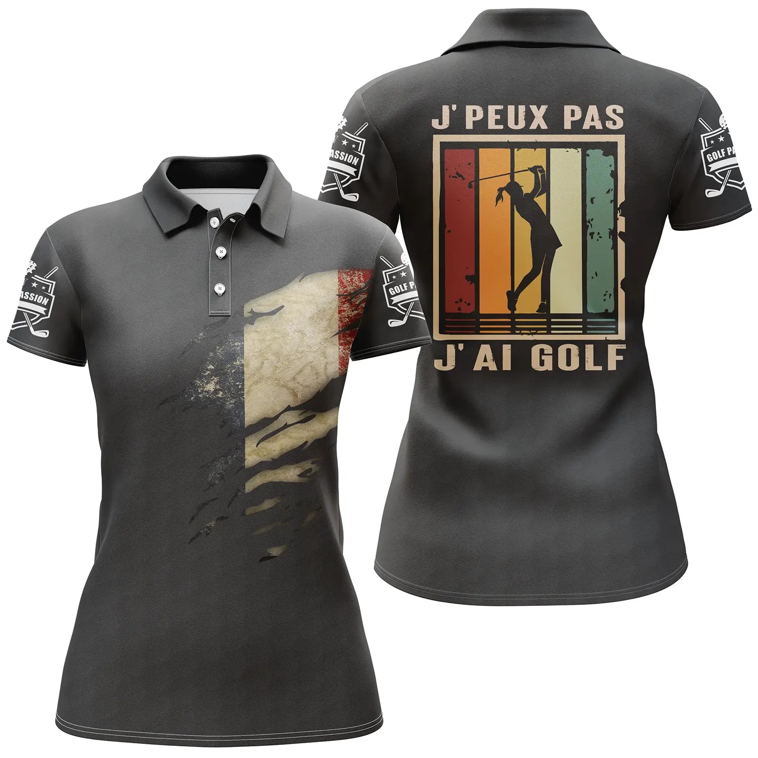 Polo de Golf, Cadeau Original Golfeur, Golf Passion, Drapeau France, J'peux Pas J'ai Golf - CT06022320 - Polo Femme Noir