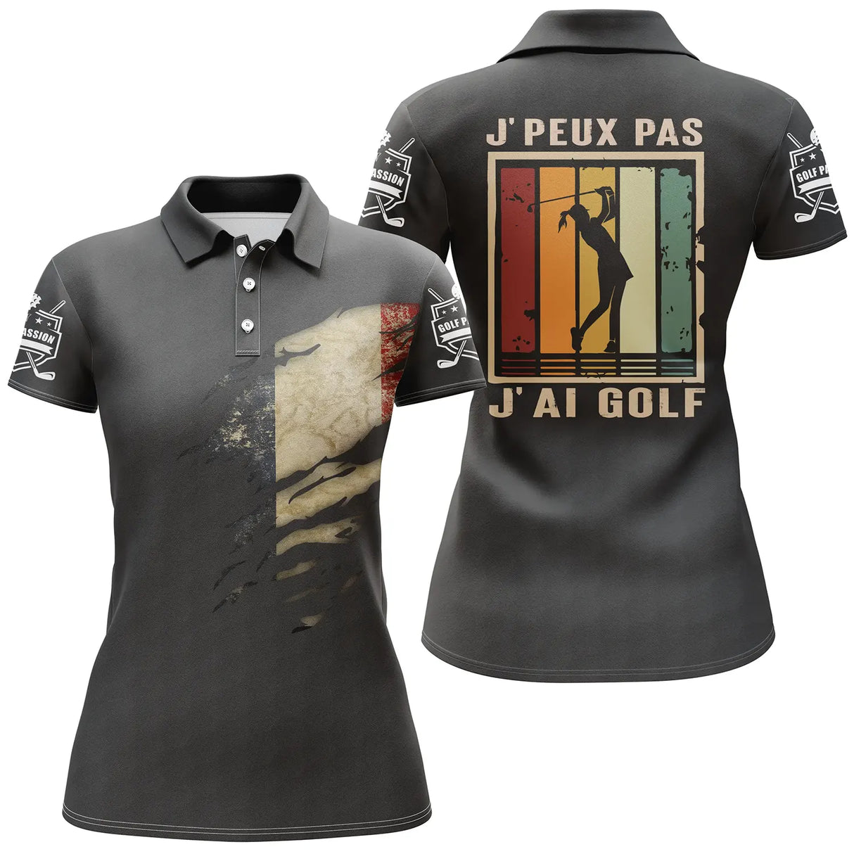Polo golf variante kaki, slogan J'peux pas j'ai golf design coucher de soleil