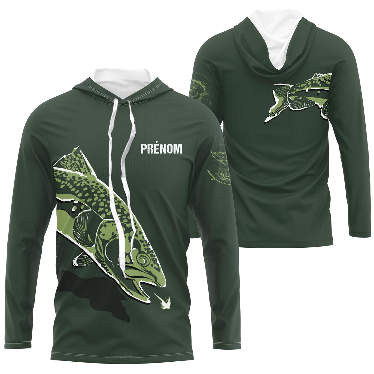 T-shirt anti-UV à capuche pêche truite vert kaki avec motif salmonidé et marquage prénom personnalisé