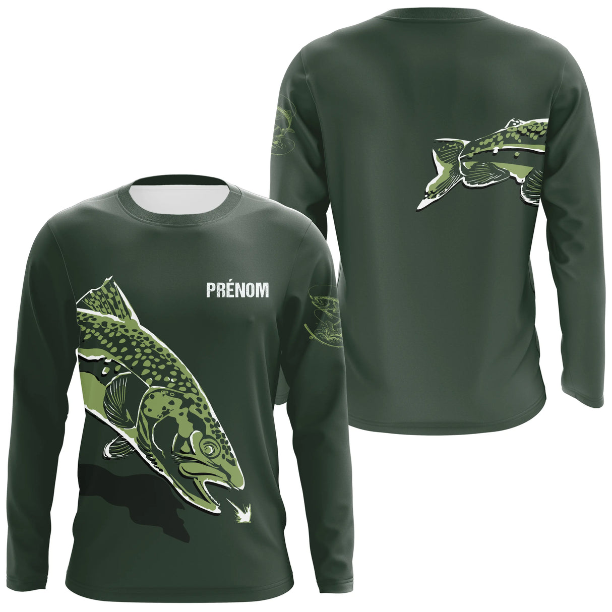 T-shirt manches longues anti-UV pêche truite vert kaki avec motif truite et prénom personnalisable