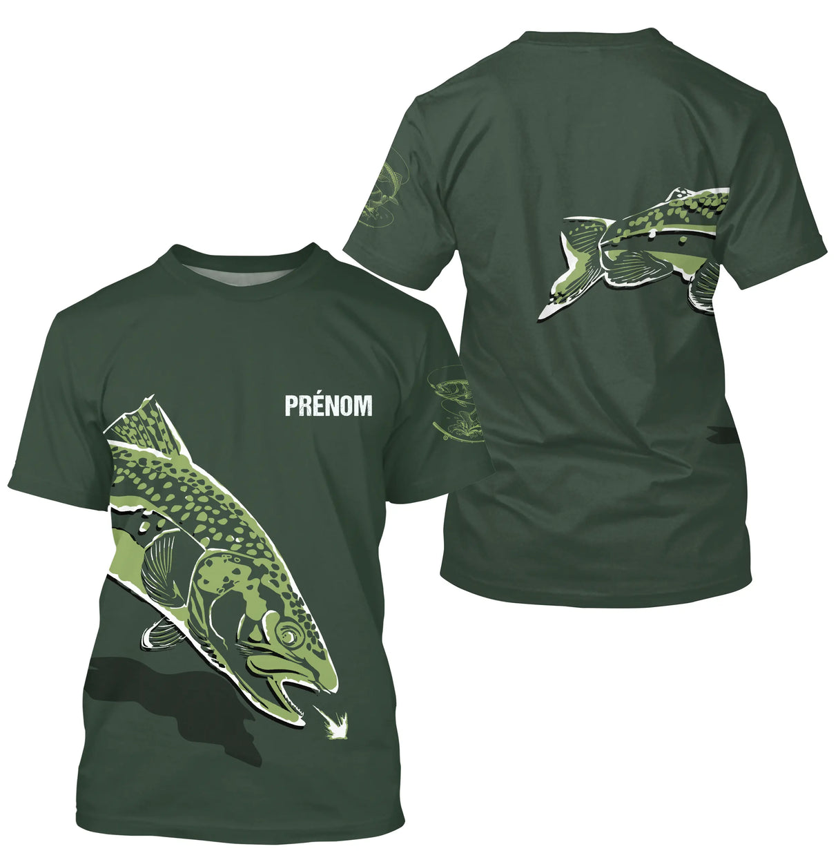 T-shirt pêche truite personnalisé col rond vert kaki avec motif truite mouchetée stylisée et prénom