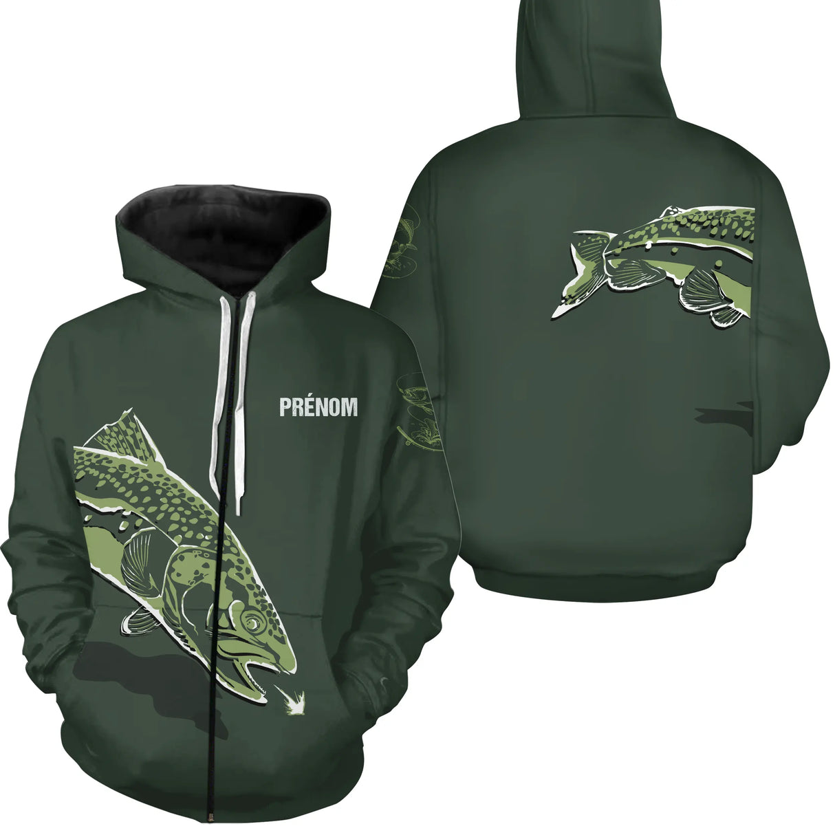 Sweat zippé All-Over pêche truite vert kaki avec motif truite stylisée et prénom personnalisable