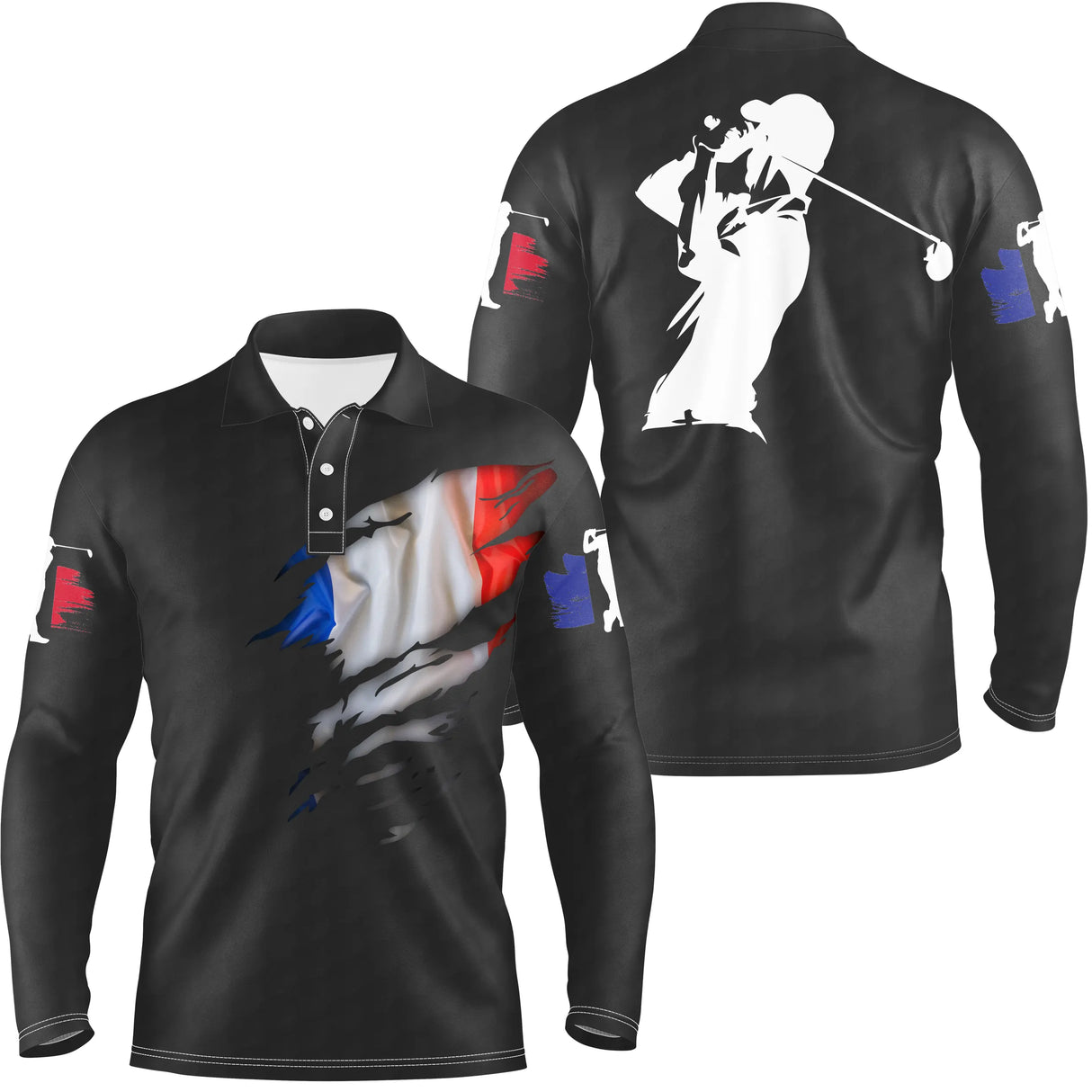 Polo manches longues golf unisexe noir éclaboussure tricolore silhouette golfeur tissu technique respirant