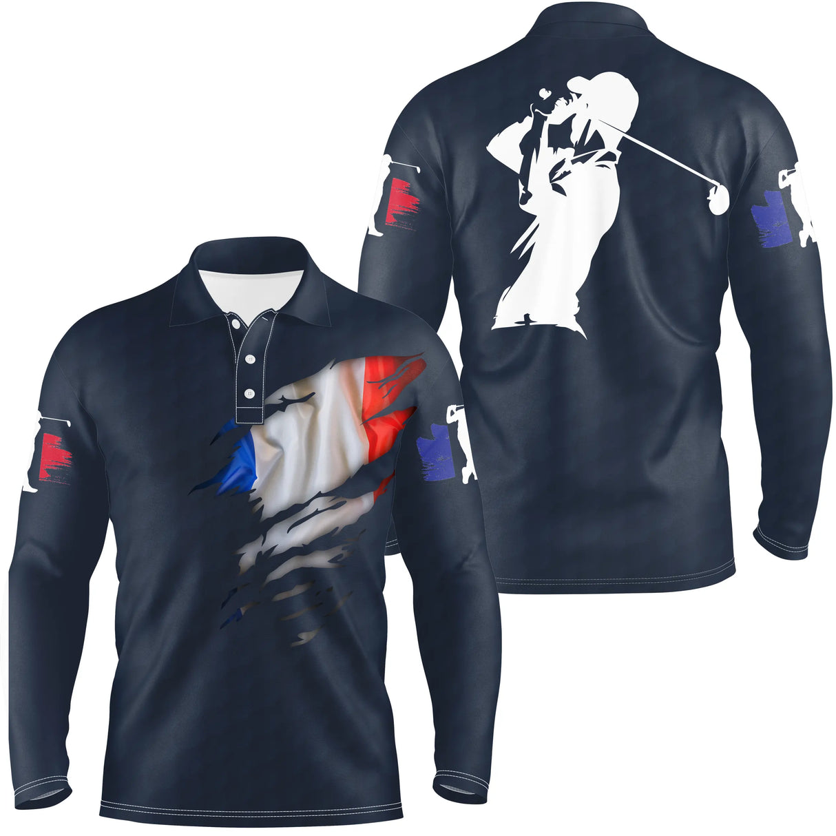 Polo manches longues golf unisexe bleu marine éclaboussure tricolore silhouette golfeur tissu respirant