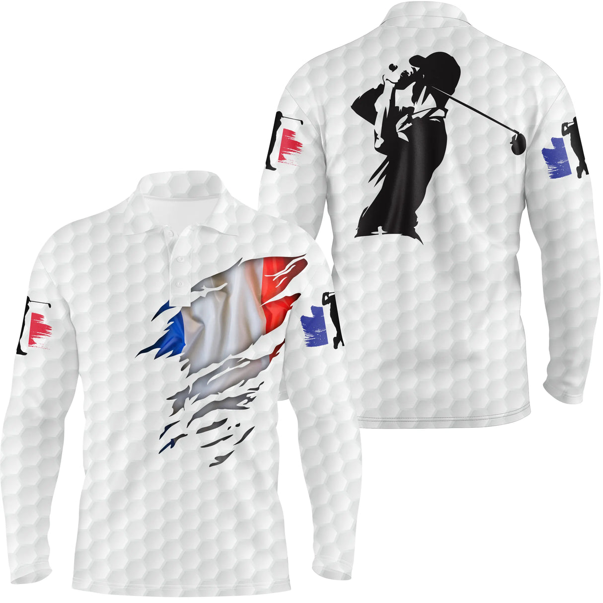 Polo manches longues golf unisexe blanc éclaboussure tricolore silhouette golfeur tissu respirant léger