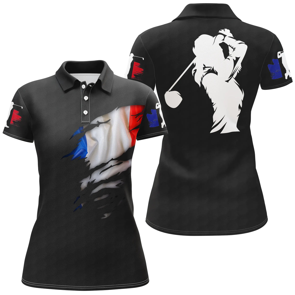 Polo golf femme noir éclaboussure tricolore silhouette golfeur swing coupe cintrée tissu respirant
