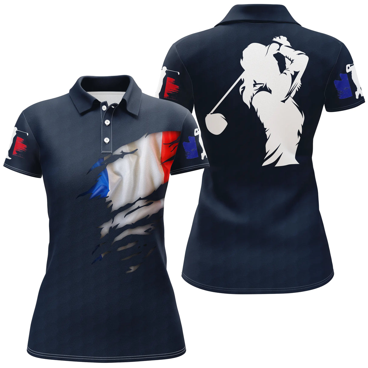 Polo golf femme bleu marine éclaboussure tricolore silhouette golfeur swing coupe cintrée tissu respirant