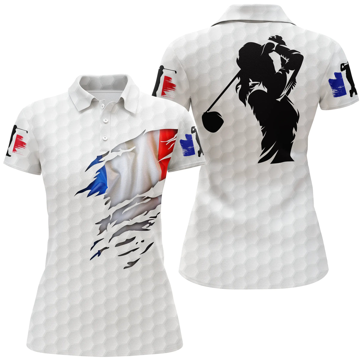 Polo golf femme blanc éclaboussure tricolore silhouette golfeur swing coupe cintrée tissu respirant léger