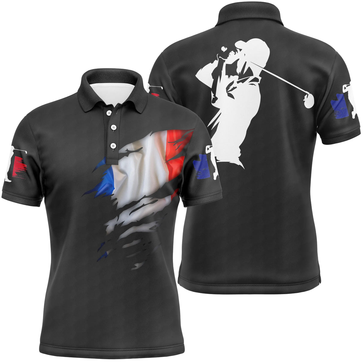 Polo golf homme noir éclaboussure tricolore bleu blanc rouge silhouette golfeur swing surimpression coupe ajustée