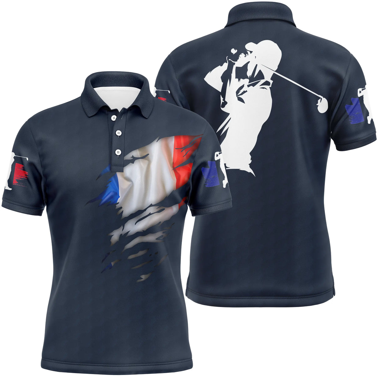 Polo golf homme bleu marine éclaboussure tricolore bleu blanc rouge silhouette golfeur swing surimpression coupe ajustée