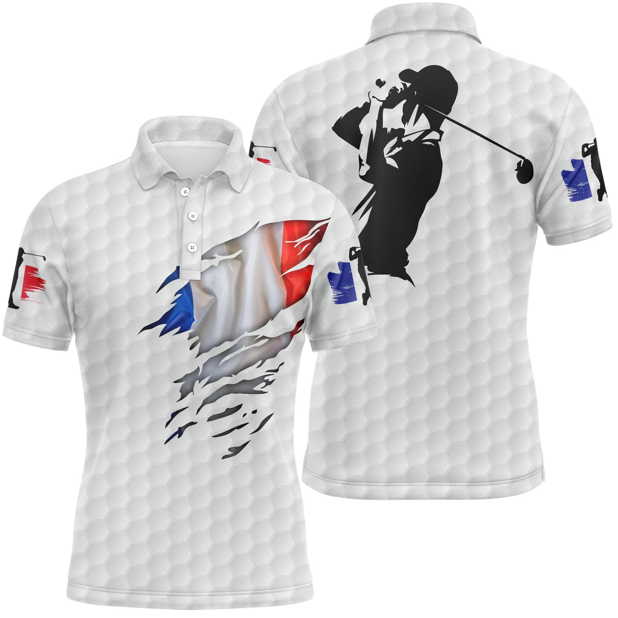 Polo golf homme blanc éclaboussure tricolore bleu blanc rouge silhouette golfeur swing surimpression coupe ajustée