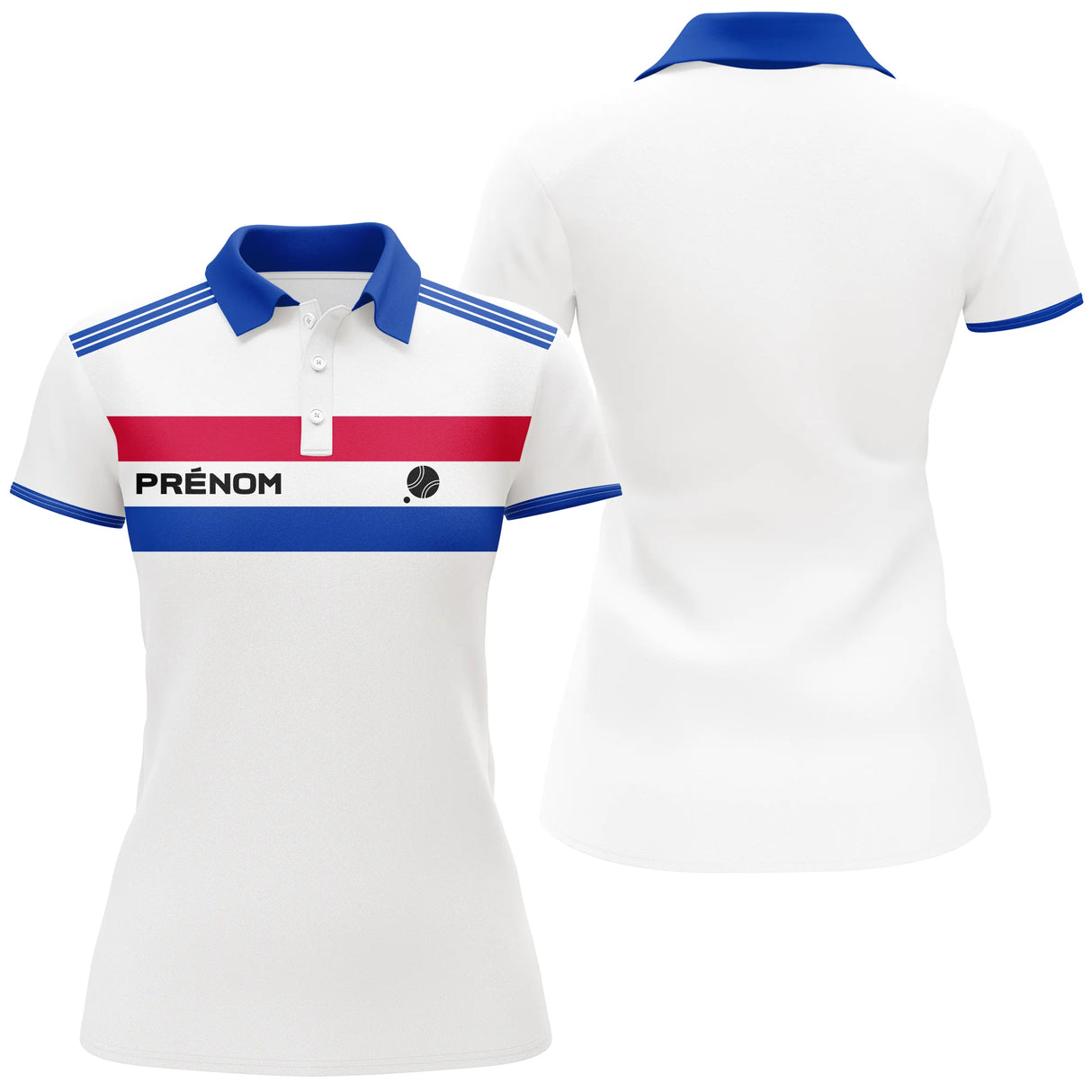 Polo sport France tricolore vue dos blanc avec bandes bleu marine et rouge personnalisable