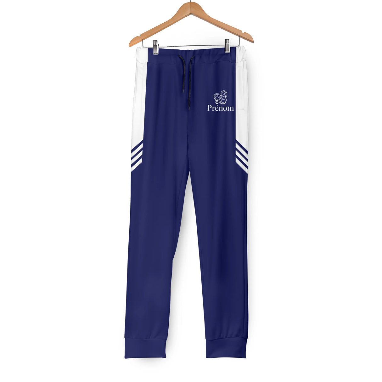 Pantalon jogging pétanque modèle 1 bleu marine et blanc avec logo boules et prénom personnalisé