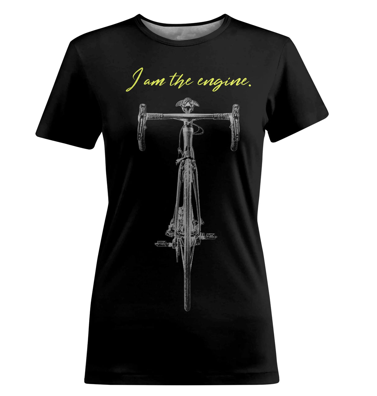 T-shirt cyclisme noir unisexe avec vélo de course gris et slogan I am the engine