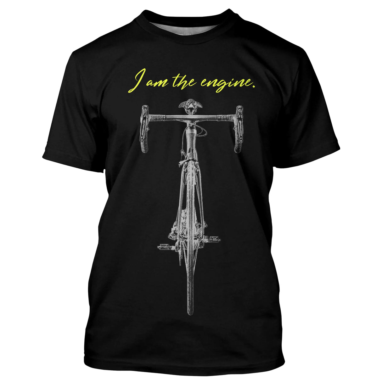 T-shirt cyclisme noir unisexe avec vélo de course gris et slogan I am the engine