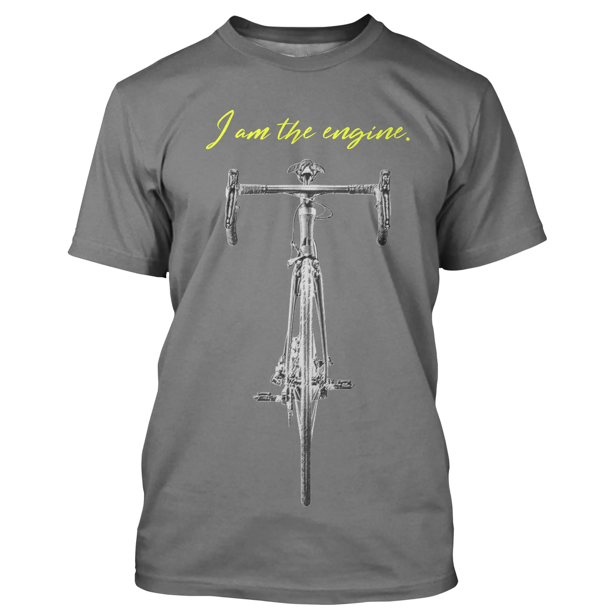 T-shirt cyclisme noir unisexe avec vélo de course gris et slogan I am the engine