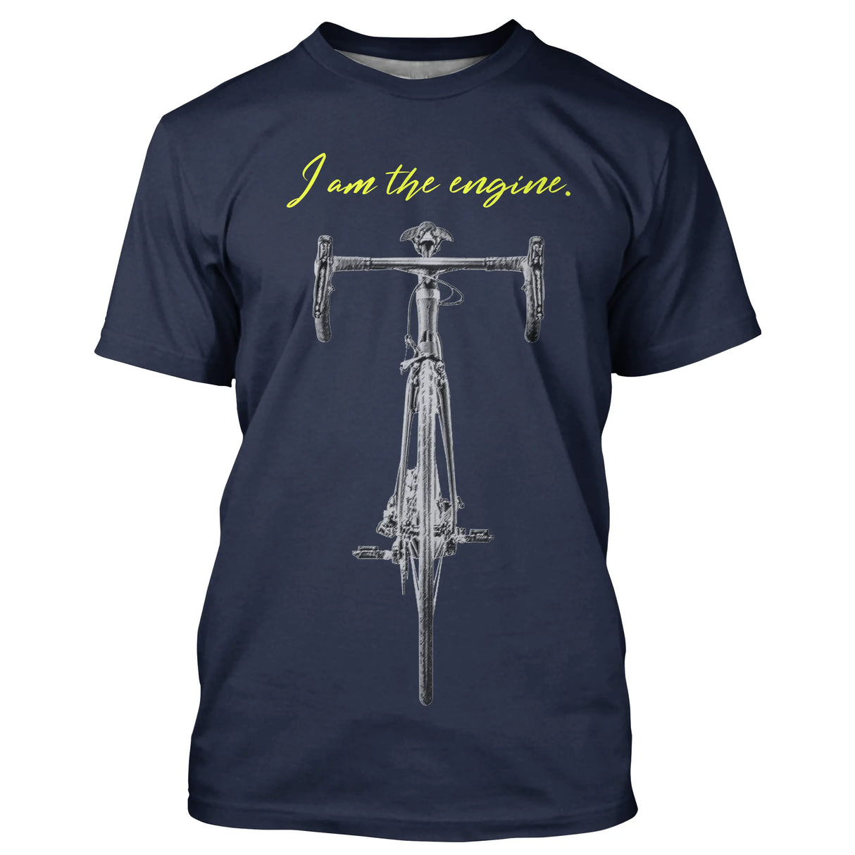 T-shirt cyclisme noir unisexe avec vélo de course gris et slogan I am the engine