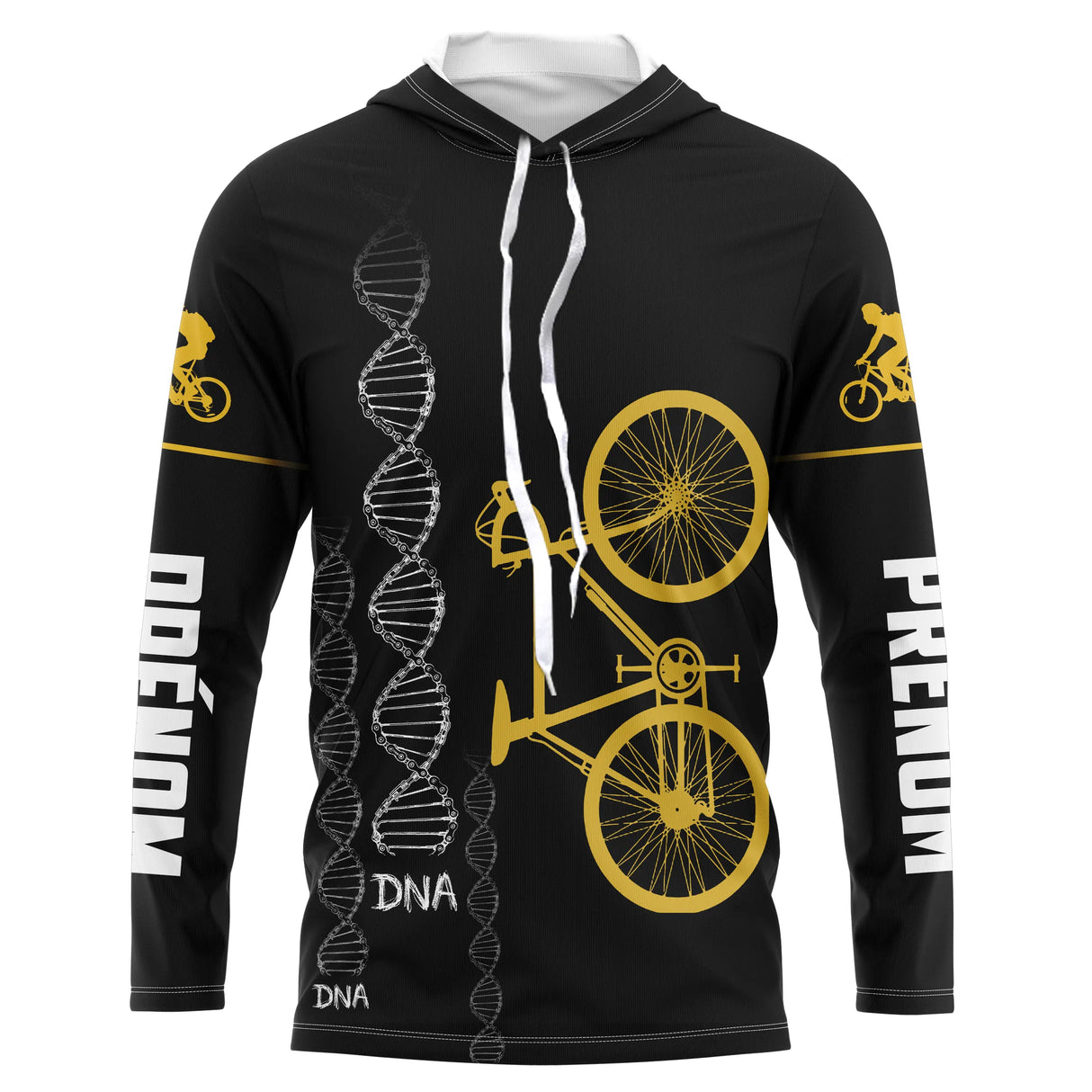 T-shirt cyclisme noir all-over homme avec vélo jaune et motif ADN DNA cycliste, prénom personnalisé