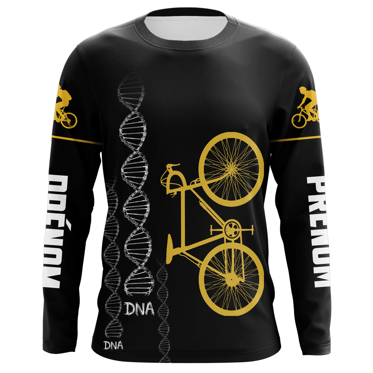 T-shirt cyclisme noir all-over homme avec vélo jaune et motif ADN DNA cycliste, prénom personnalisé