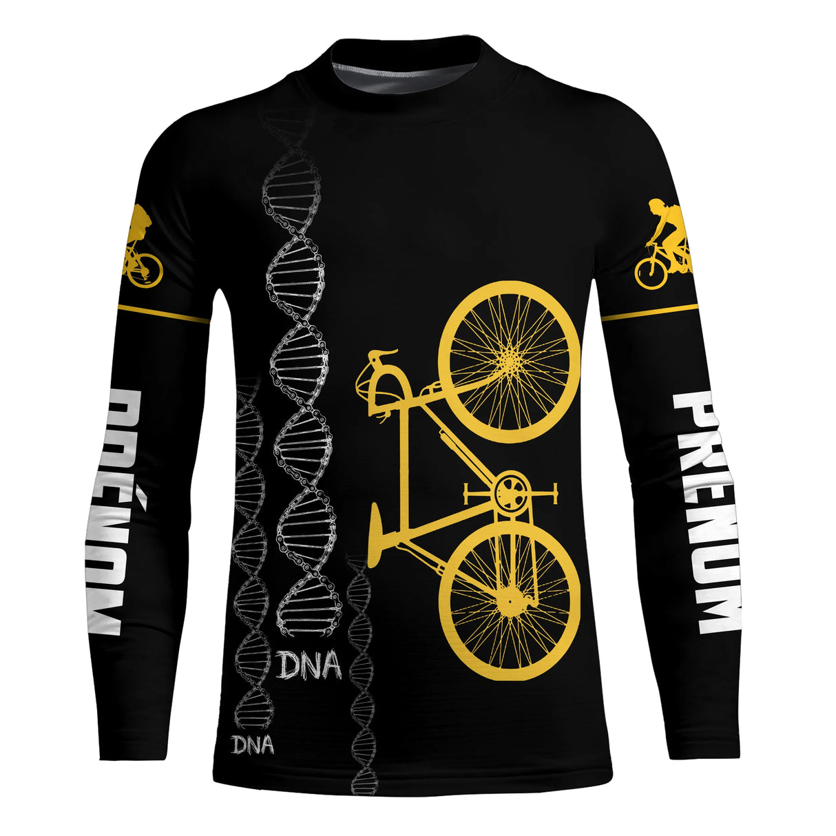 T-shirt cyclisme noir all-over homme avec vélo jaune et motif ADN DNA cycliste, prénom personnalisé