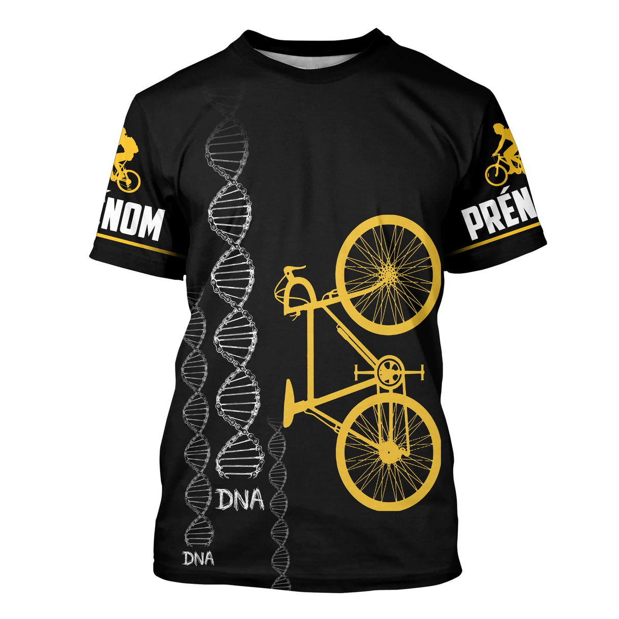 T-shirt cyclisme noir all-over homme avec vélo jaune et motif ADN DNA cycliste, prénom personnalisé