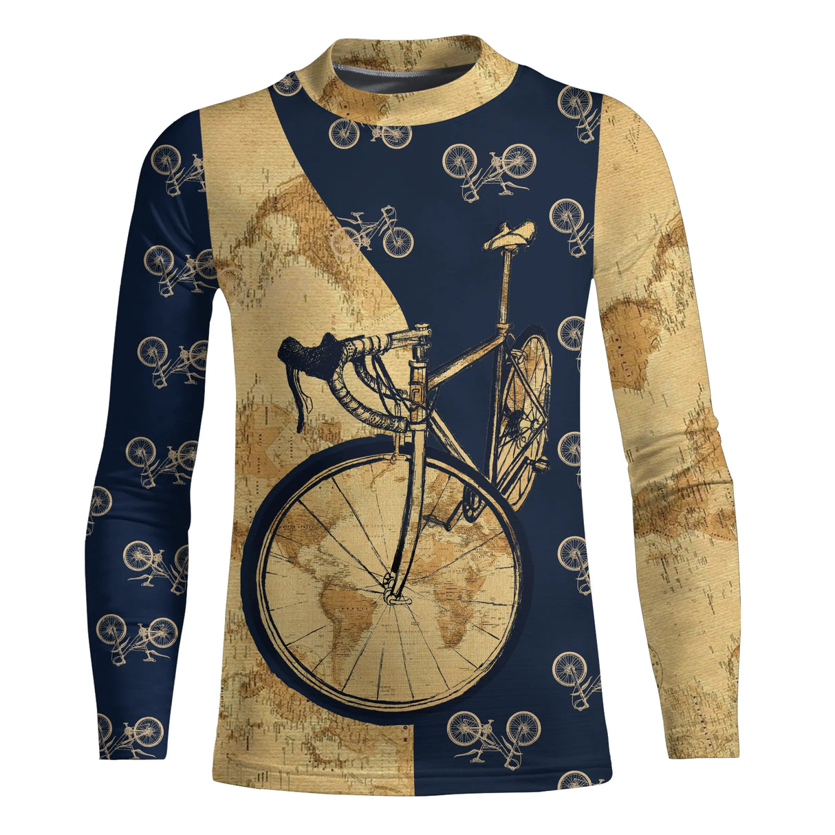 T-shirt cyclisme rétro vintage all-over unisexe avec vélo doré et carte du monde ancienne style rétro