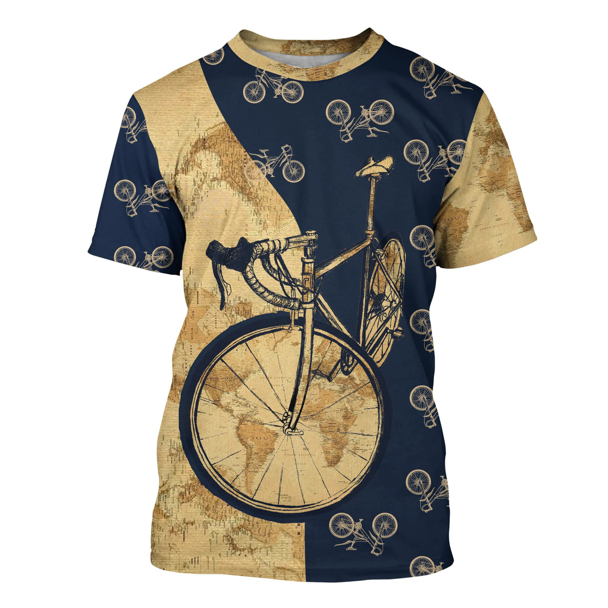 T-shirt cyclisme rétro vintage all-over unisexe avec vélo doré et carte du monde ancienne style rétro