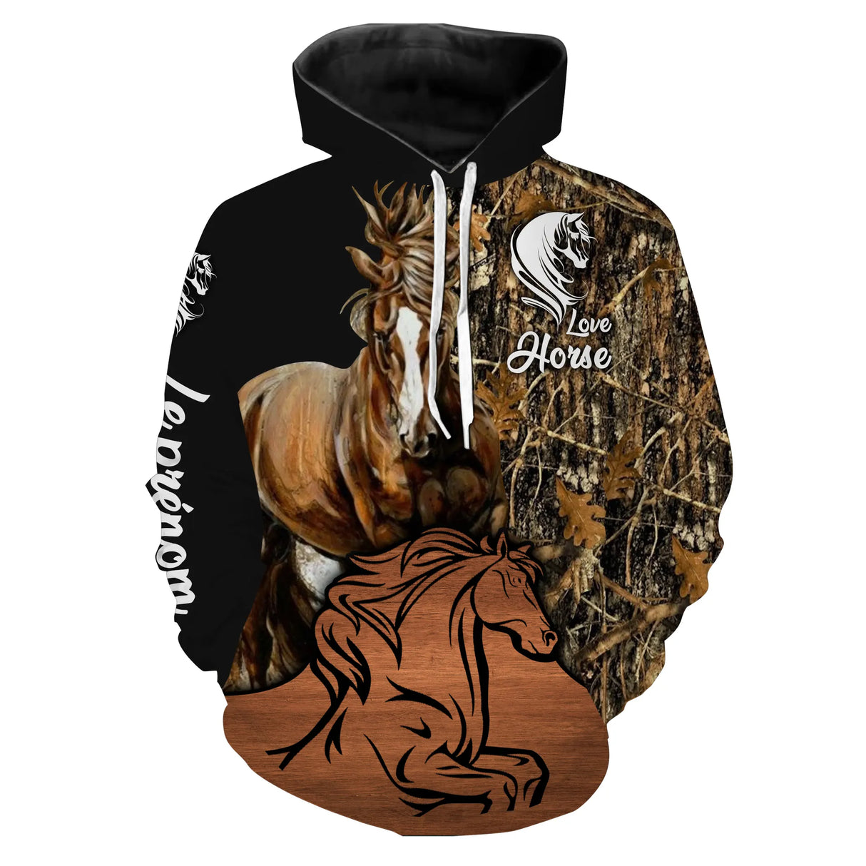 Sweat zippé cheval Mustang all-over camouflage forêt motif Mustang fauve sauvage cavalier prénom personnalisé