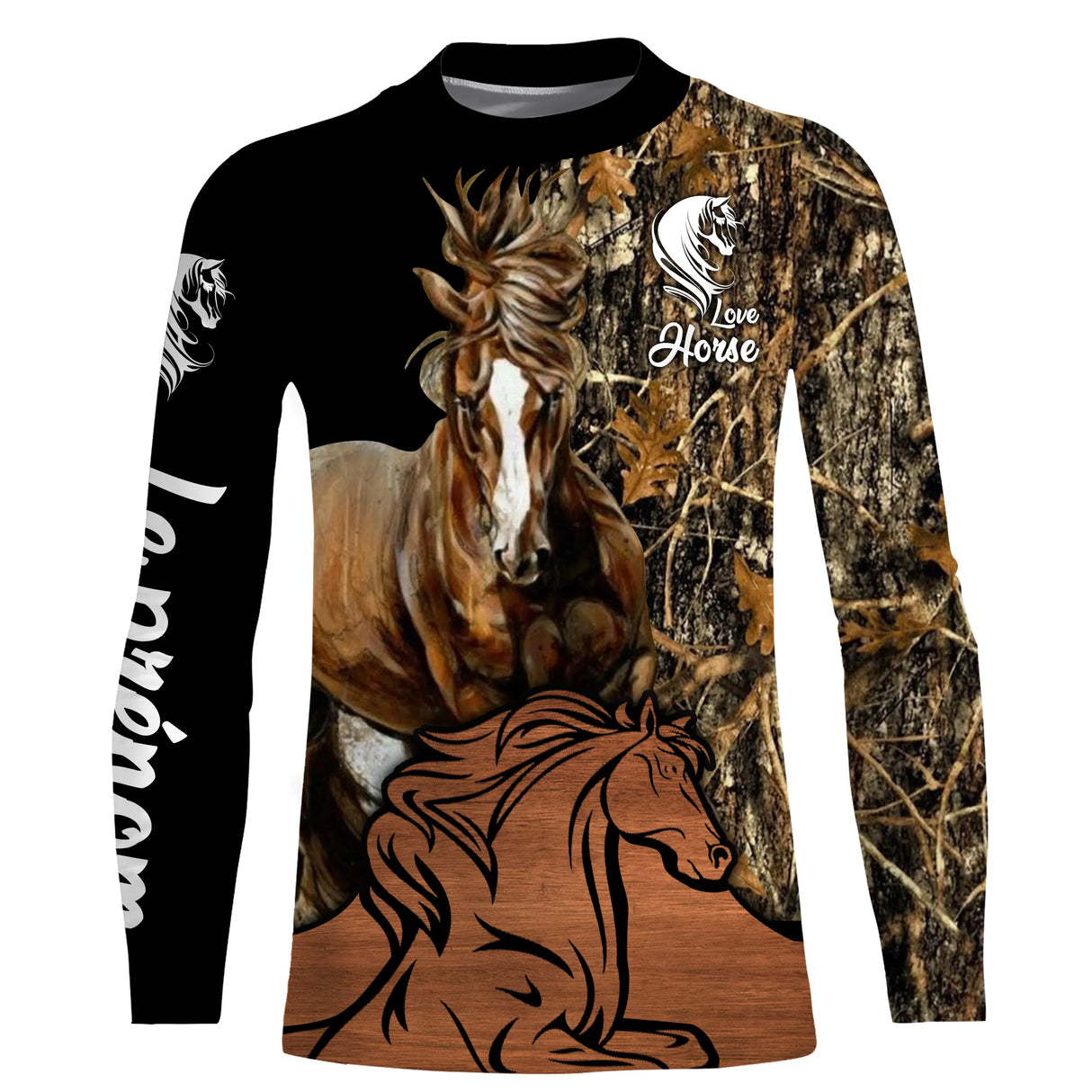 Sweat capuche cheval Mustang all-over camouflage forêt motif Mustang fauve cavalier prénom personnalisé randonneur