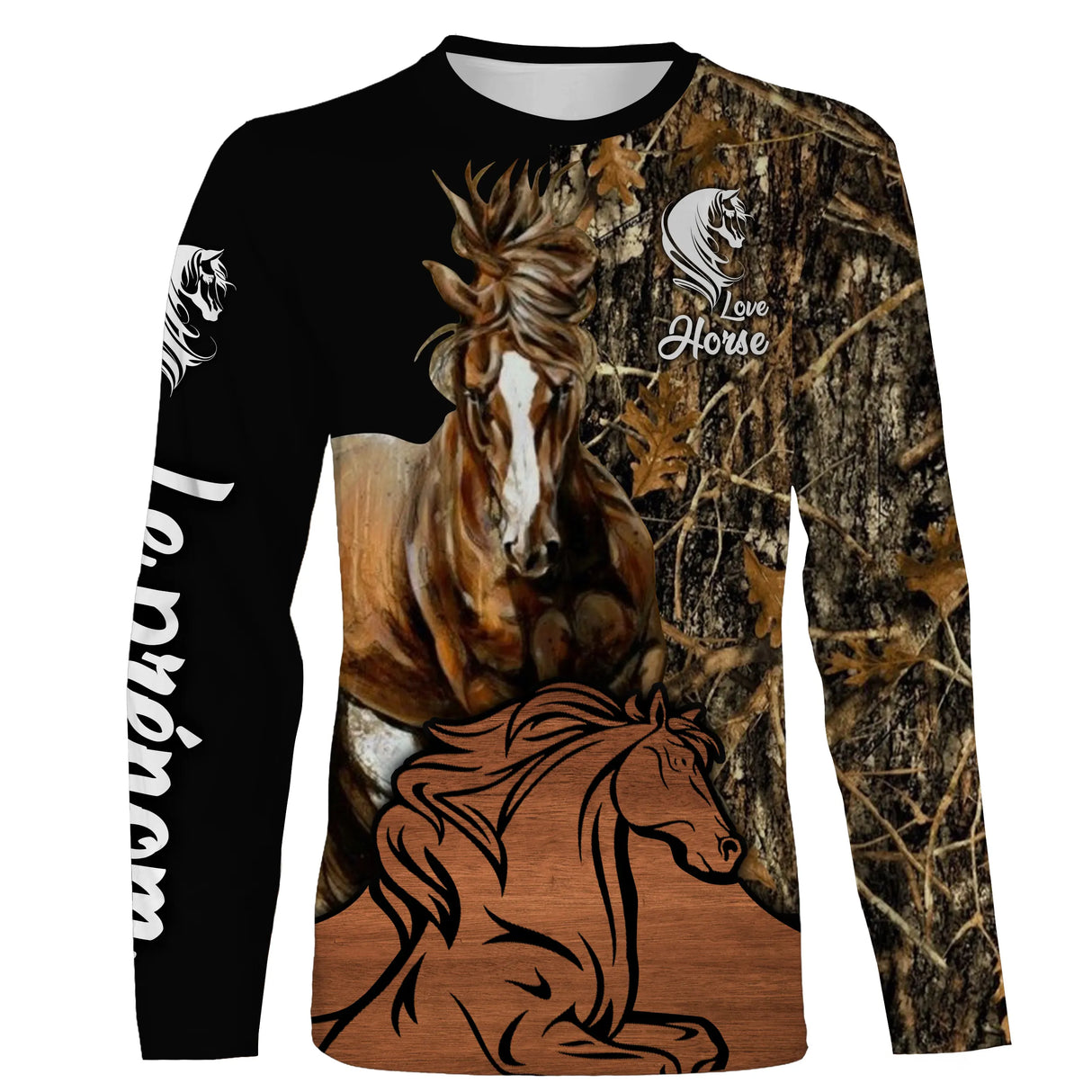 T-shirt manches longues cheval Mustang all-over camouflage forêt motif Mustang fauve cavalier prénom personnalisé