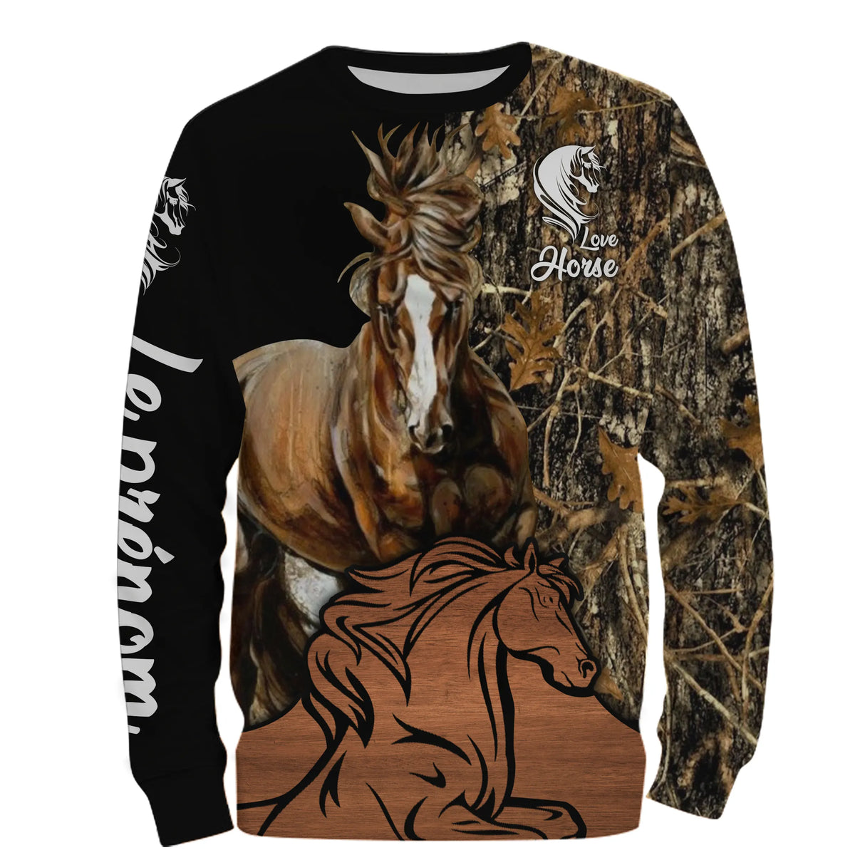 Hoodie cheval Mustang all-over camouflage forêt motif cheval Mustang sauvage cavalier prénom personnalisé monture