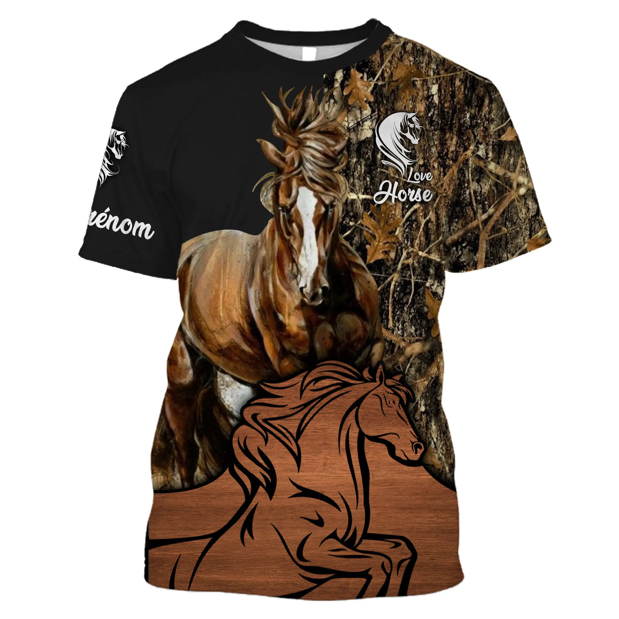 T-shirt cheval Mustang all-over camouflage forêt vert brun orangé motif cheval Mustang fauve au galop prénom personnalisé