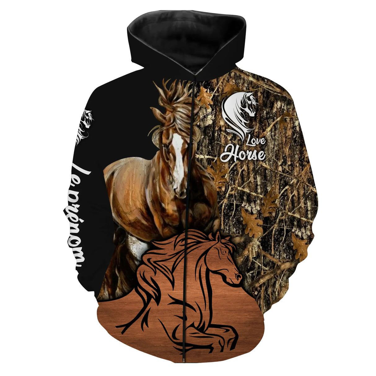 T-shirt amoureux cheval Mustang all-over camouflage forêt motif cheval sauvage cavalier prénom personnalisé monture