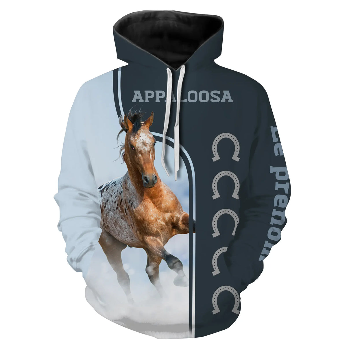 Sweat zippé cheval Appaloosa all-over bleu marine motif Appaloosa moucheté blanc alezan cavalier prénom personnalisé