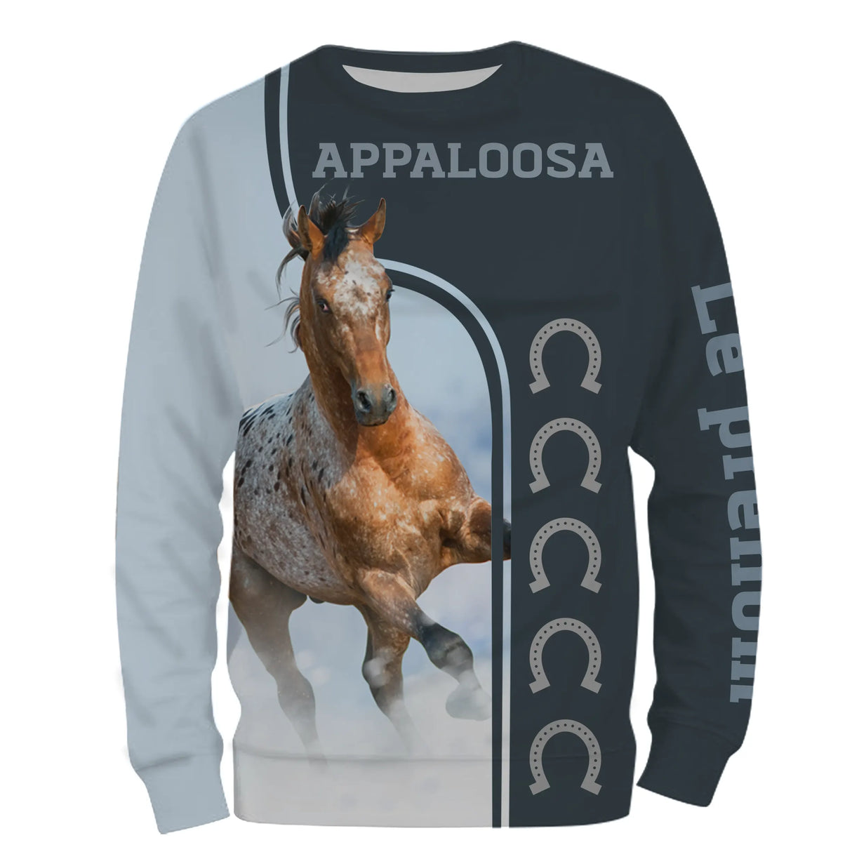 T-shirt cavalier Appaloosa all-over bleu marine motif cheval Appaloosa moucheté américain prénom personnalisé équestre