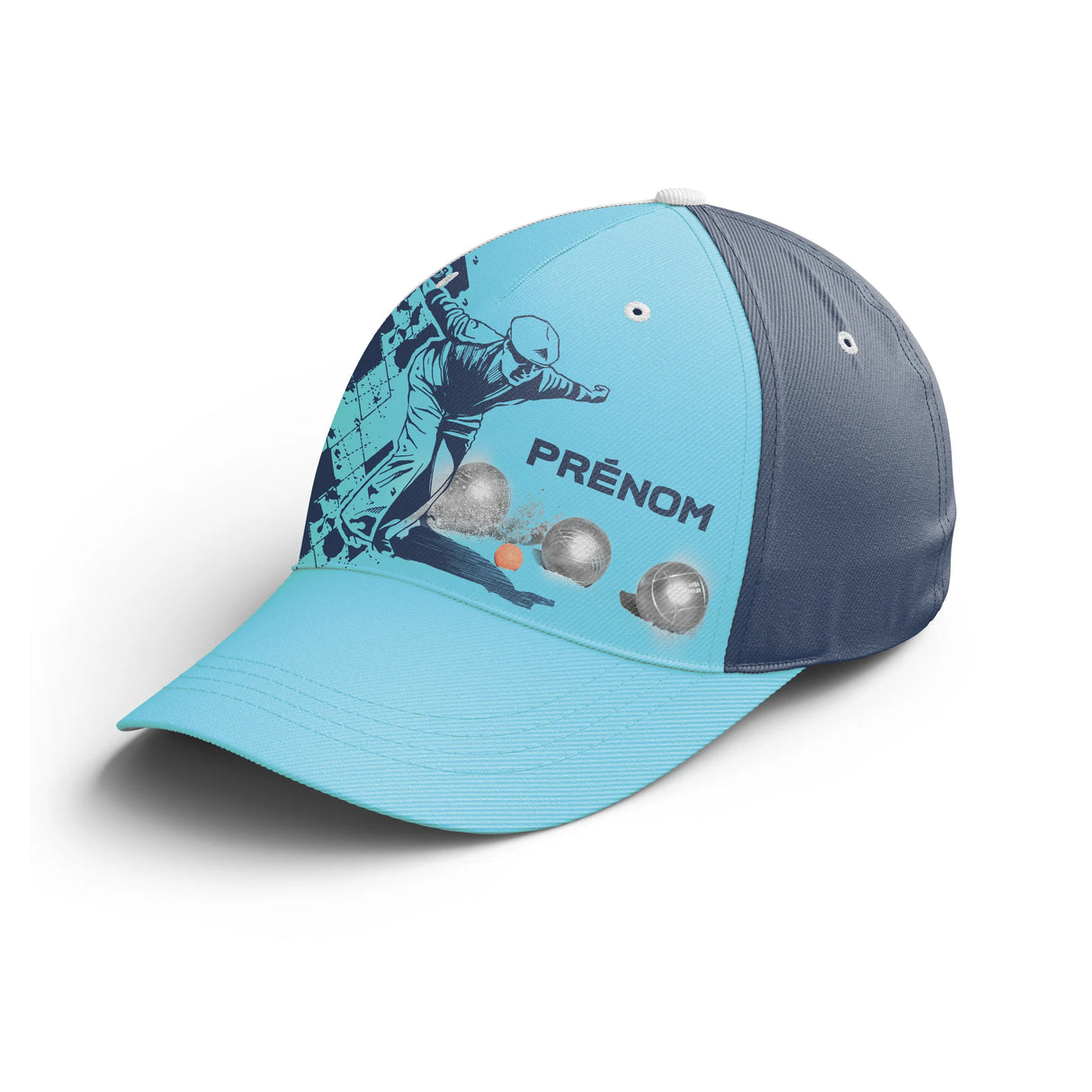 Casquette pétanque bleue bouliste joueur boules métalliques prénom broderie côté personnalisée