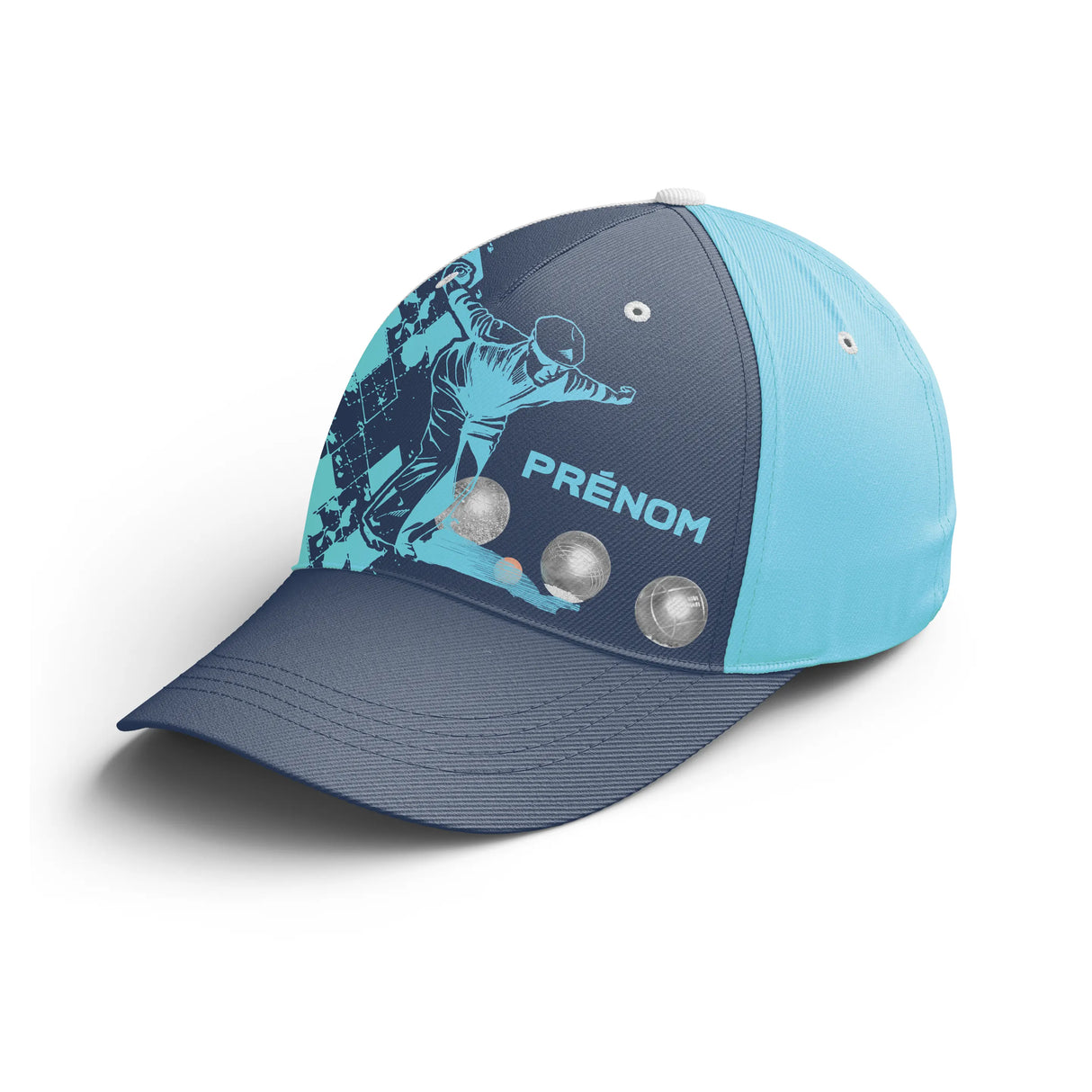 Casquette pétanque bleu marine joueur lancer boules métalliques prénom broderie côté bouliste personnalisée