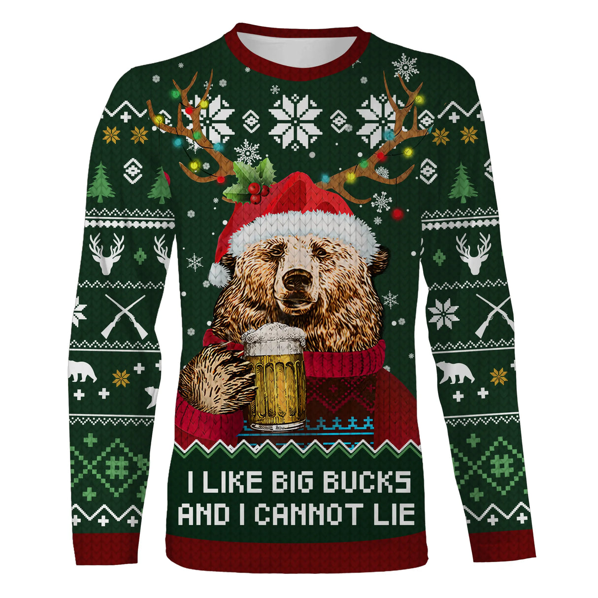 Sweater Noël vert ours bière motifs jacquard sapins et bois de cerfs, coupe unisexe humour chasseur