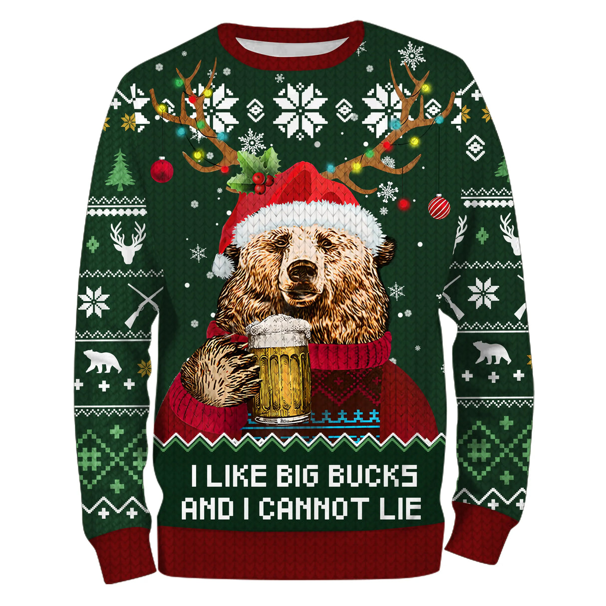Sweat à capuche Noël ours buveur bière vert sapin, design ugly christmas sweater pour chasseur