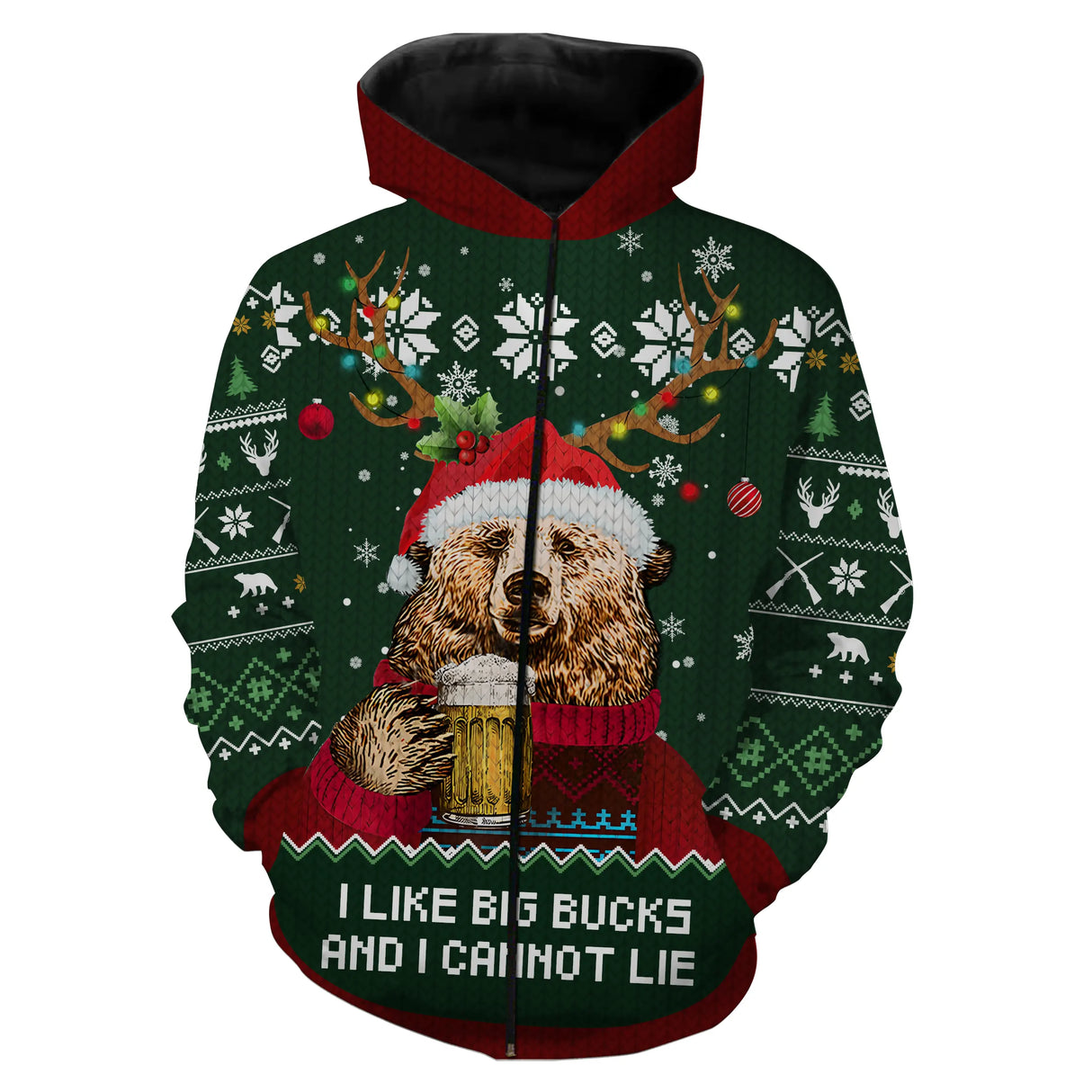 T-shirt Noël vert ours bière motif Big Bucks, design all-over festif pour passionné nature
