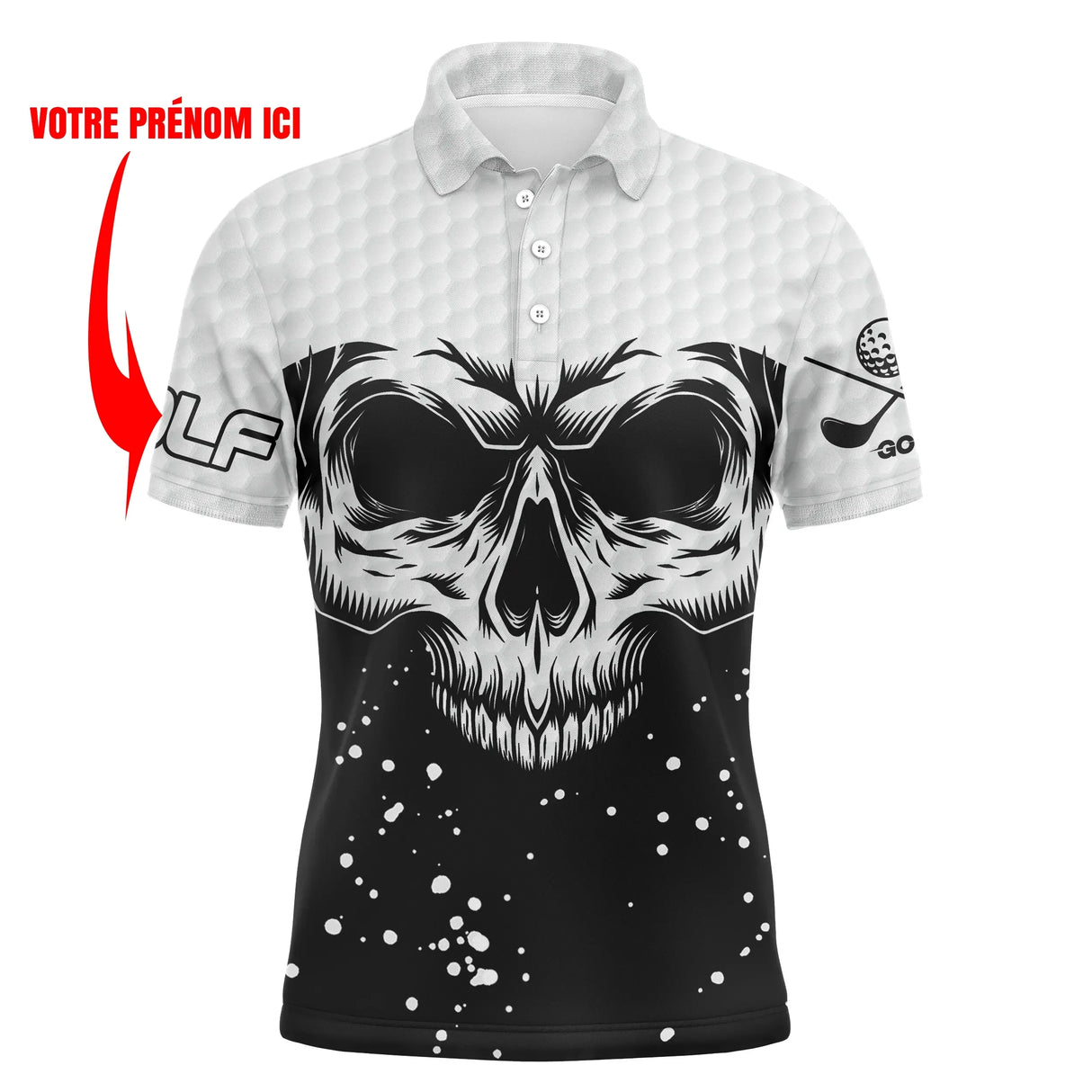 Polo golf personnalisé tête de mort noir blanc avec crâne stylisé central et zone prénom imprimé en haut, fond gaufré balle